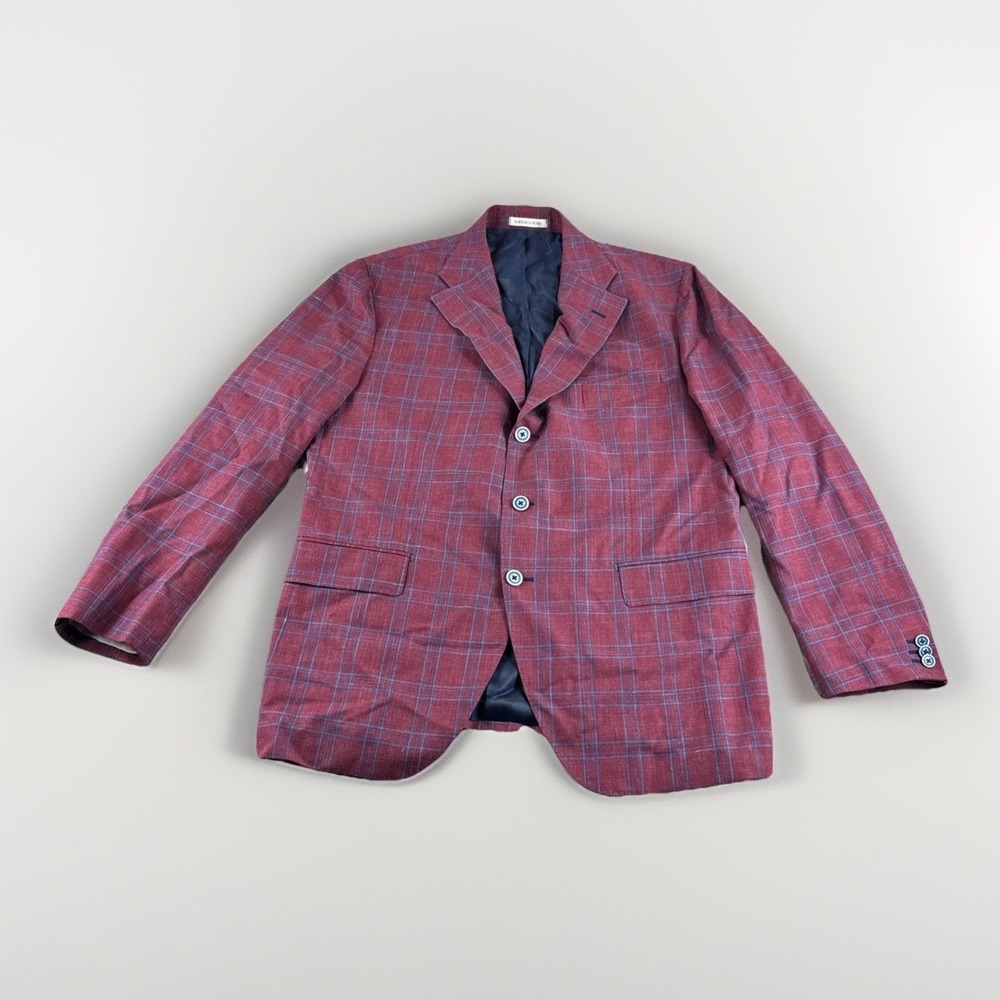 Sartoria Rossi Wool Silk Linen Blend Blazer Men 46R Made in Italy Red Blue Plaid